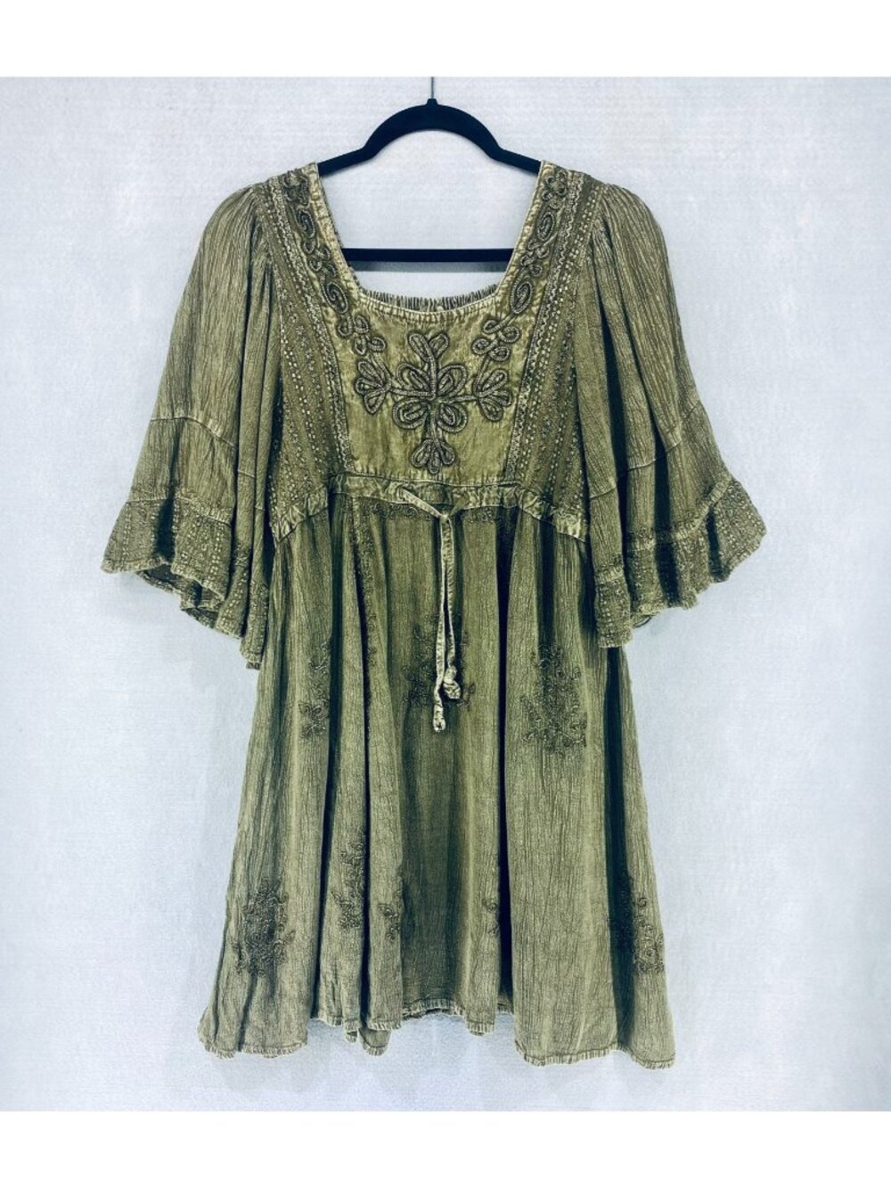 Vintage Top Womens L Green Floral Embroidered Tunic Blouse Boho Fairycore